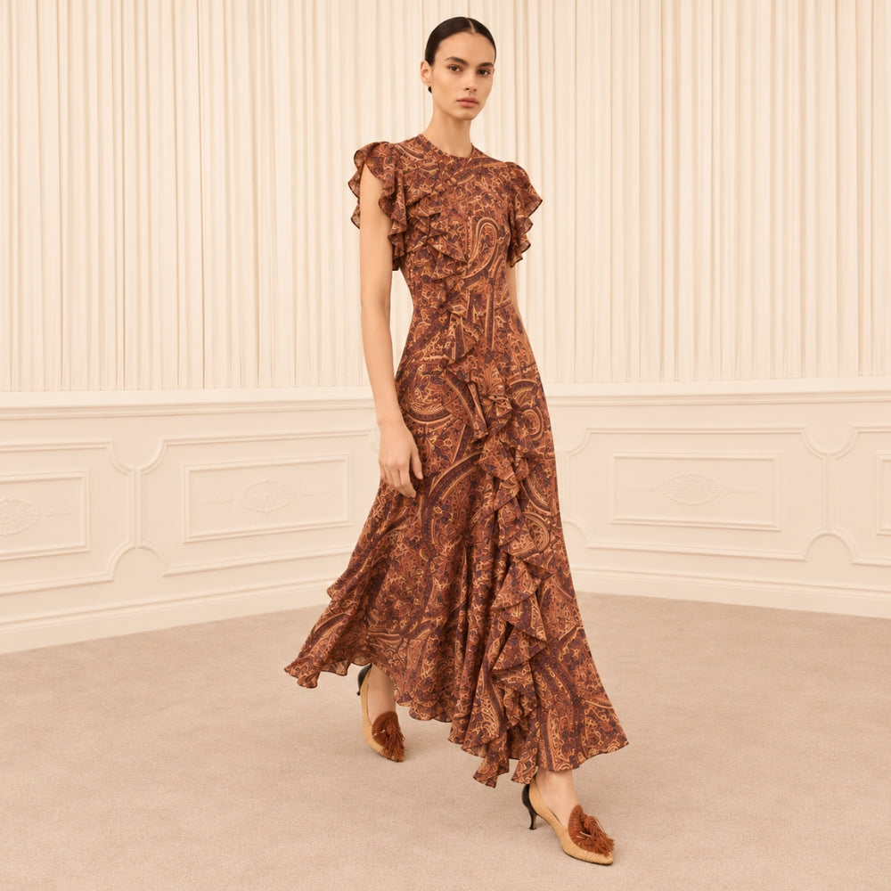Ulla Johnson Ameline bias-cut silk crepe de chine dress in terracotta paisley with cascading ruffles. Available at Riada Concept Sydney. International shipping. 