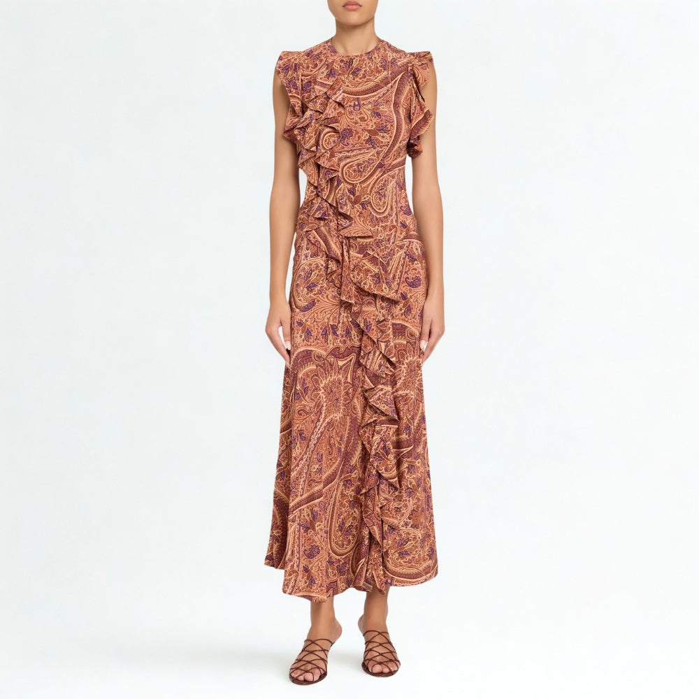 Riada Concept Ulla Johnson Ameline bias-cut silk crepe de chine dress in terracotta paisley with cascading ruffles - mode lview