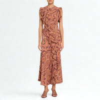 Riada Concept Ulla Johnson Ameline bias-cut silk crepe de chine dress in terracotta paisley with cascading ruffles - mode lview