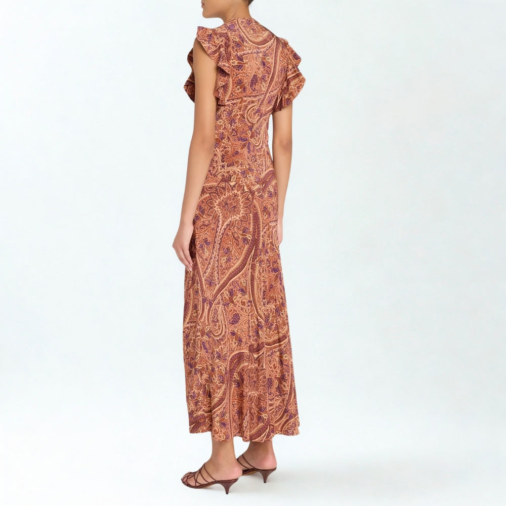 Riada Concept Ulla Johnson Ameline bias-cut silk crepe de chine dress in terracotta paisley with cascading ruffles - back view