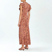 Riada Concept Ulla Johnson Ameline bias-cut silk crepe de chine dress in terracotta paisley with cascading ruffles - back view