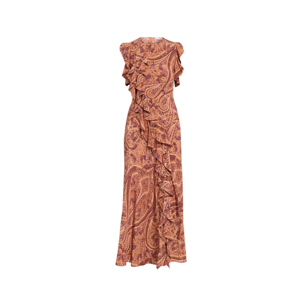 Riada Concept Ulla Johnson Ameline bias-cut silk crepe de chine dress in terracotta paisley with cascading ruffles. 