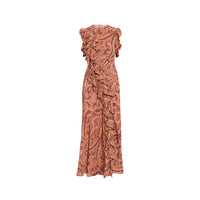 Riada Concept Ulla Johnson Ameline bias-cut silk crepe de chine dress in terracotta paisley with cascading ruffles. 