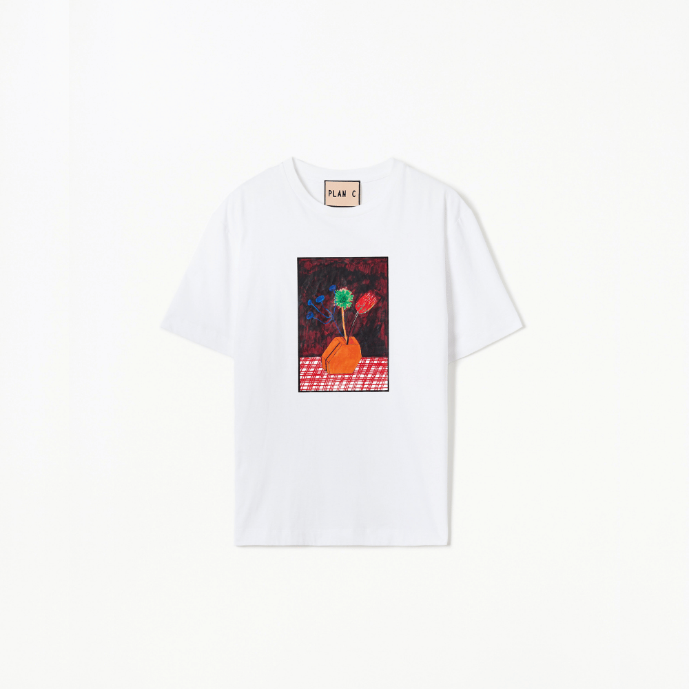 Plan C Vase Print Cotton T-Shirt in Optical White with multicolour floral vase artwork