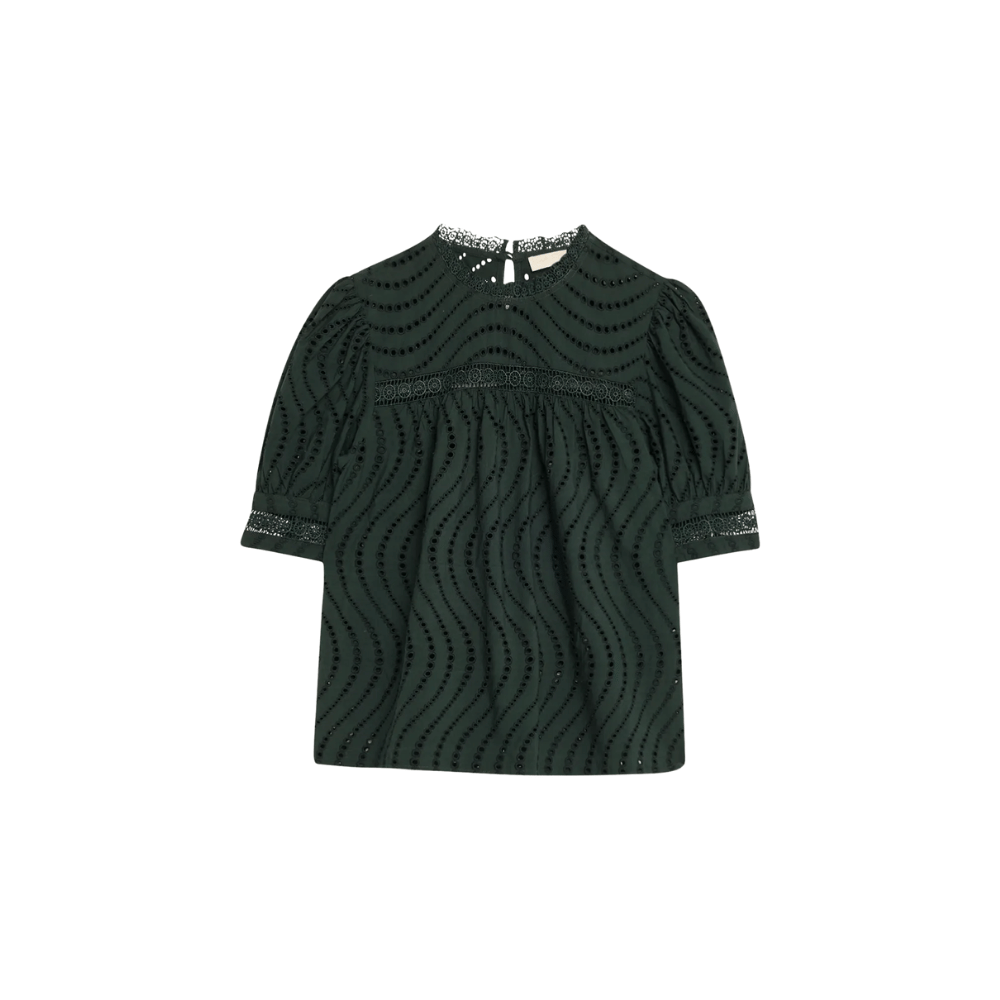 Ulla Johnson Virginia Lace Collar Short Sleeve Blouse in Cypress – luxury green cotton poplin blouse with lace trims and puffed sleeves, Available instore and online at Riada Concept, Woollahra — Sydney’s destination for a curated selection of international luxury brands