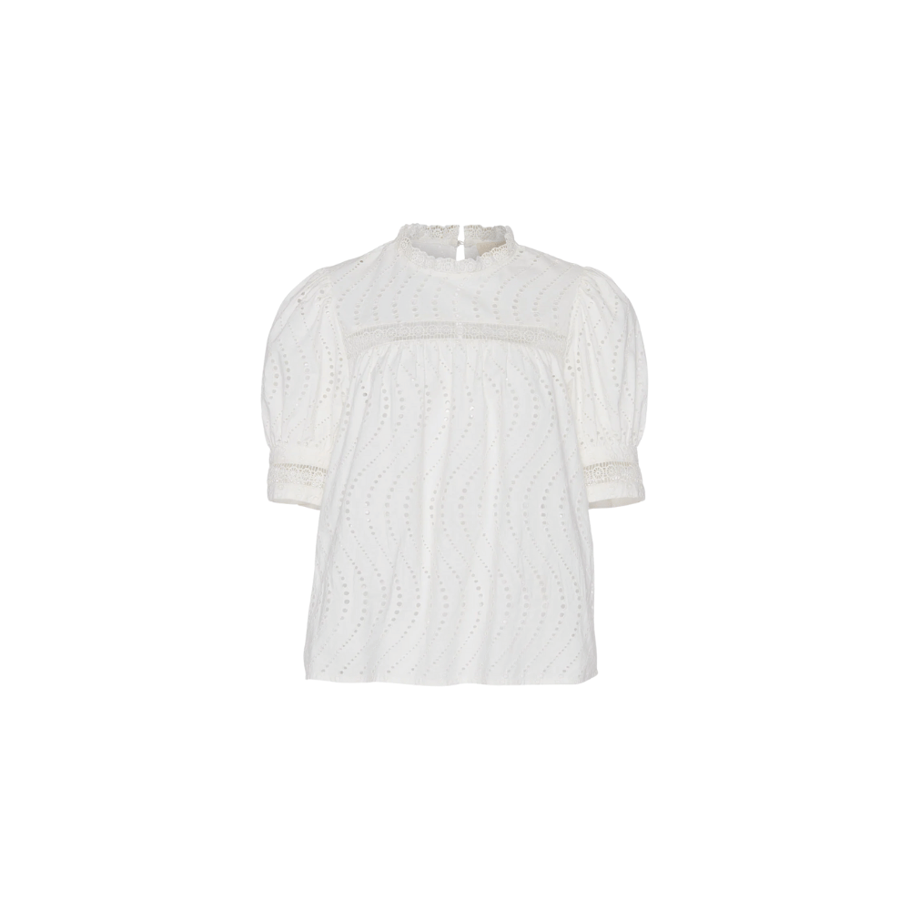 Ulla Johnson Virginia Lace Collar Short Sleeve Blouse in pristine – luxury white cotton poplin blouse with lace trims and puffed sleeves, Available instore and online at Riada Concept, Woollahra — Sydney’s destination for a curated selection of international luxury brands