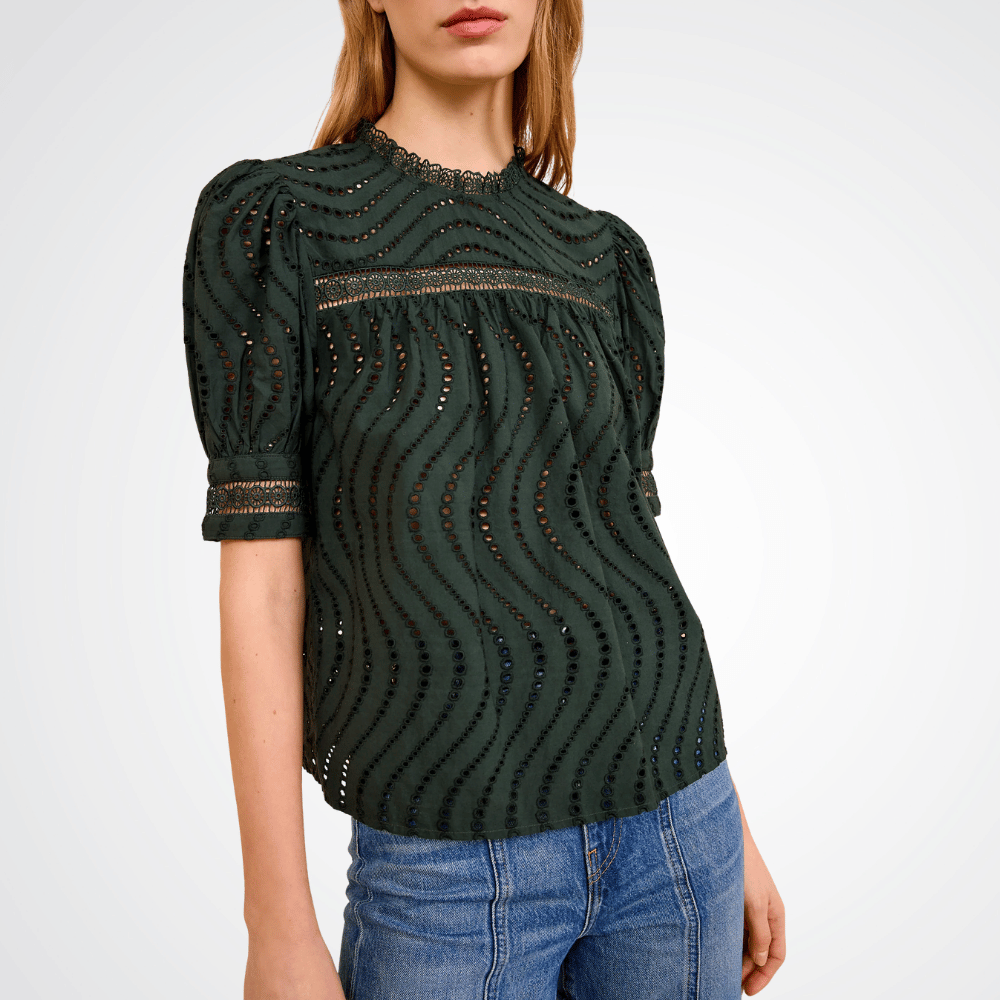 Ulla Johnson Virginia Lace Collar Short Sleeve Blouse in Cypress – luxury green cotton poplin blouse with lace trims and puffed sleeves, Available instore and online at Riada Concept, Woollahra — Sydney’s destination for a curated selection of international luxury brands