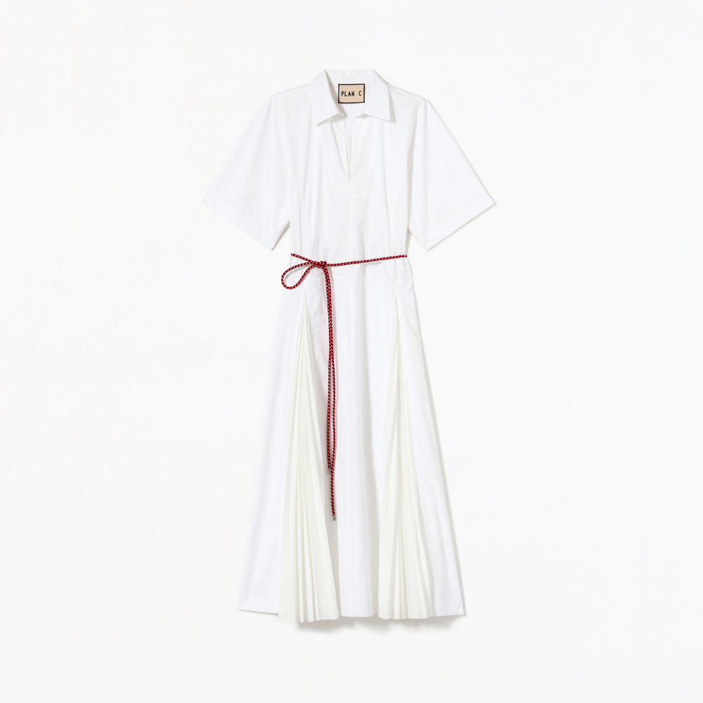Plan C Pleated Cotton Blend Midi Shirt Dress in Optical White with red and white rope belt