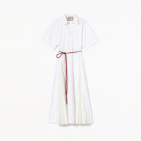 Plan C Pleated Cotton Blend Midi Shirt Dress in Optical White with red and white rope belt