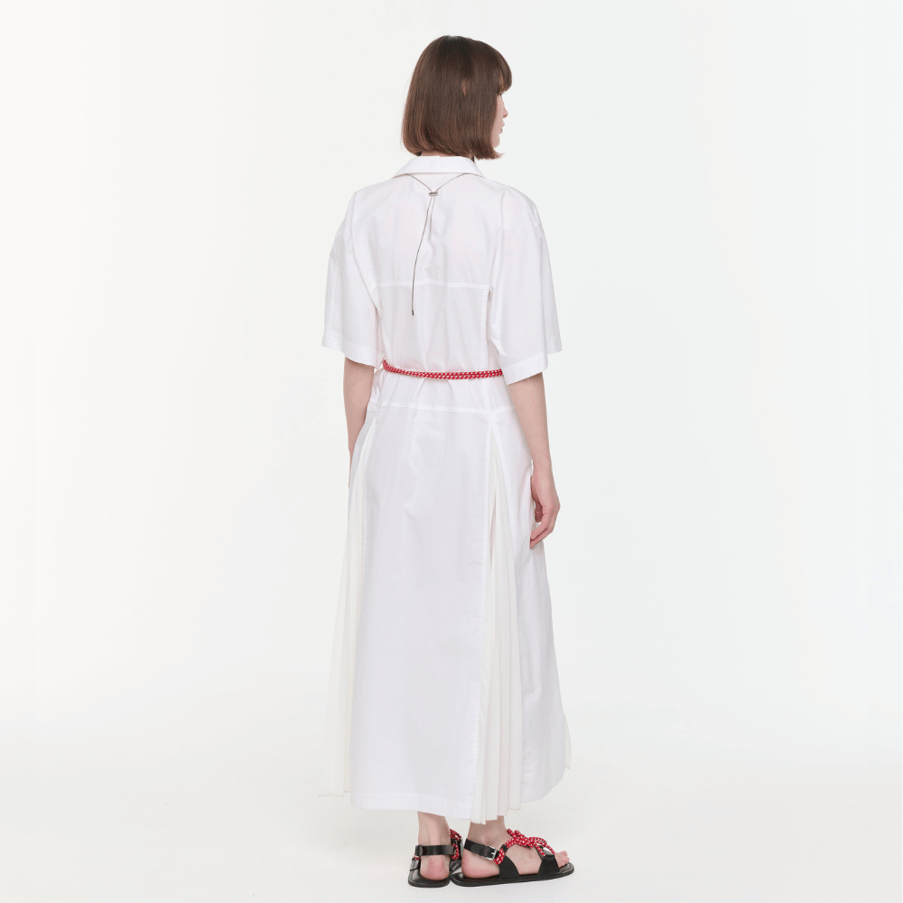 Plan C Optical White pleated midi shirt dress back view with contrast rope belt