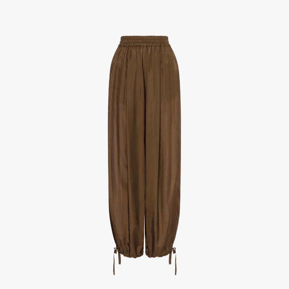 Philosophy di Lorenzo Serafini Washed Habotai tapered Silk Trousers in Brown, international luxury fashion brands pants available at Riada Concept Woollahra, Sydney Australia and online