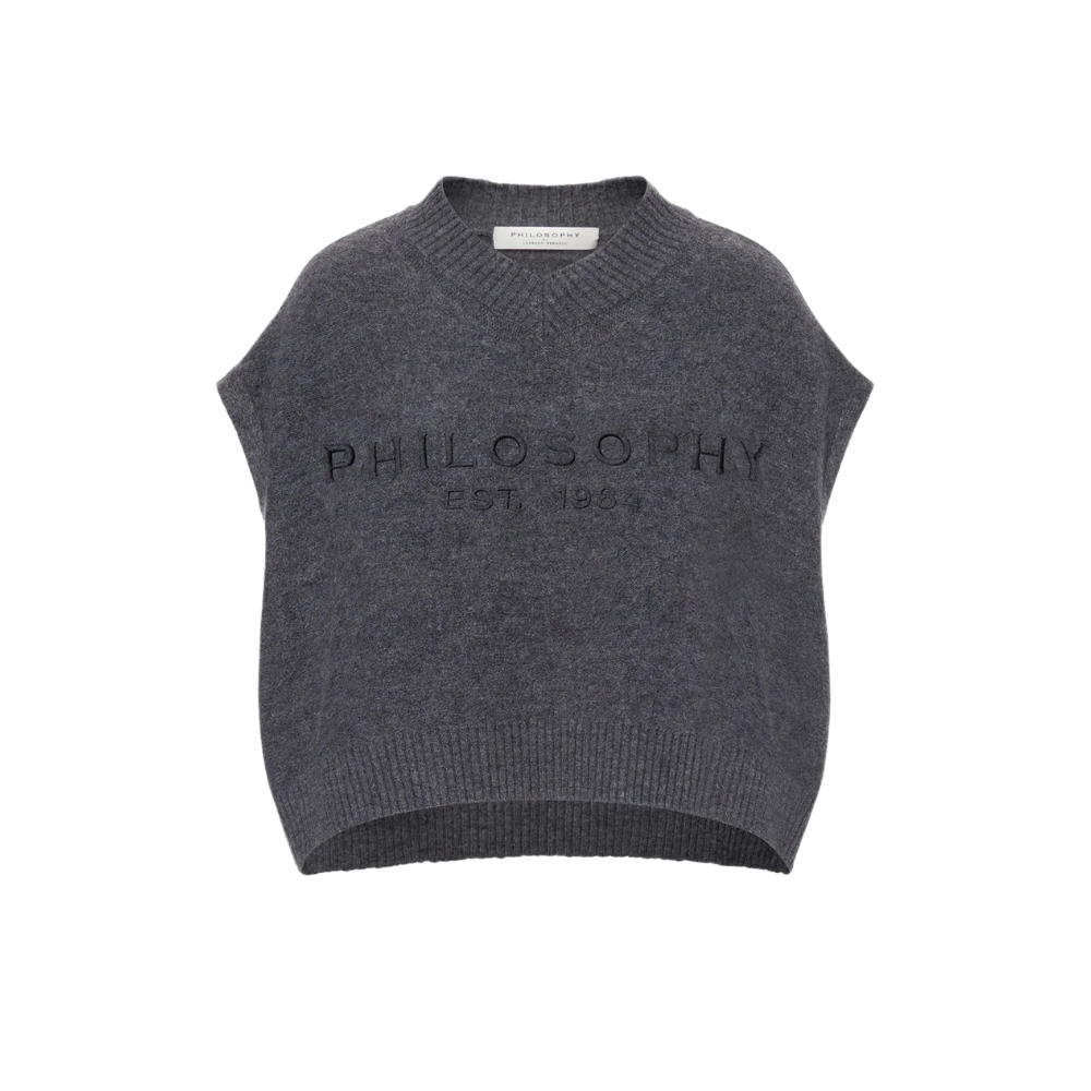 Woollen Blend Crop Top with Embroidery in Grey