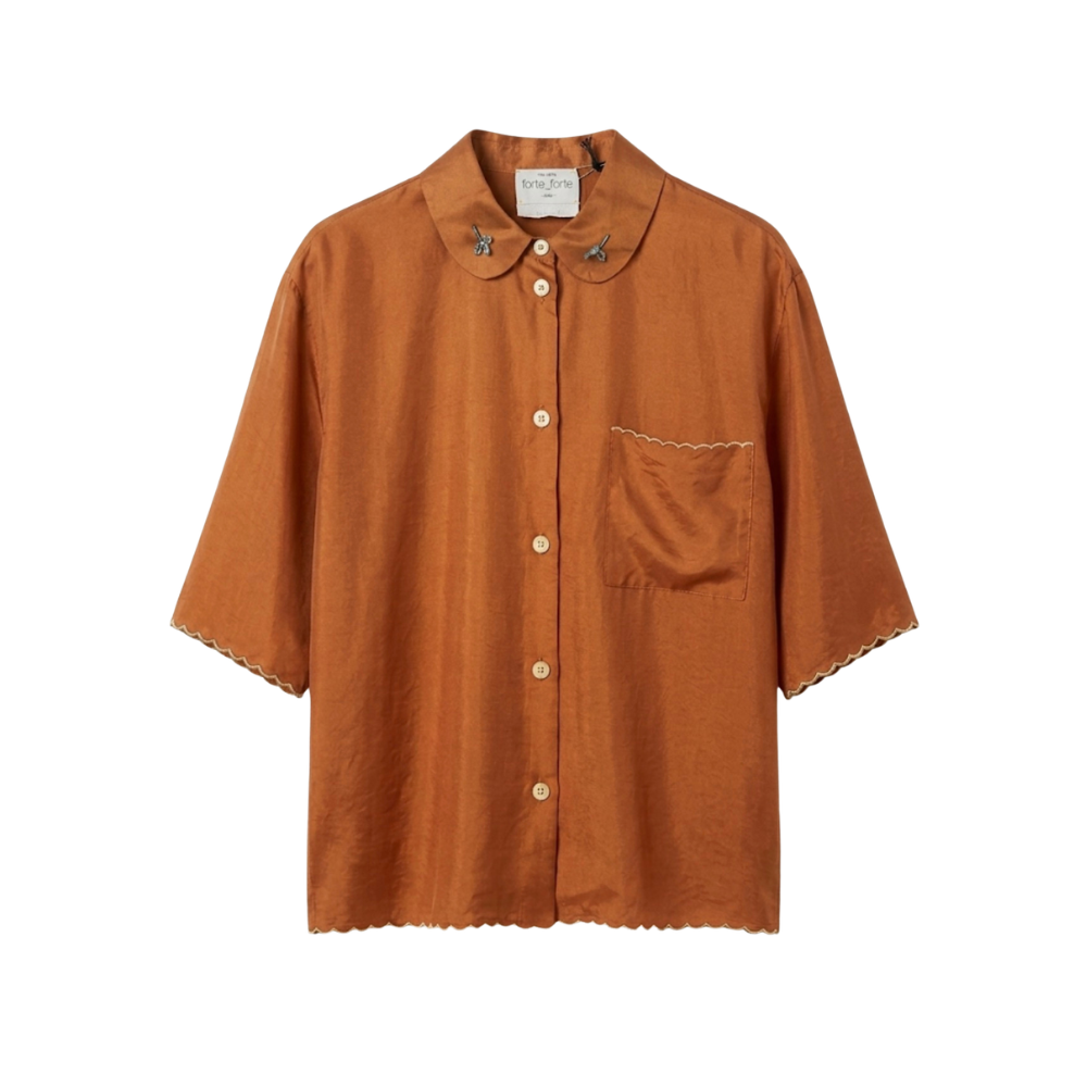 Embroidered Habotai Silk Half-Sleeve Shirt in Bronze