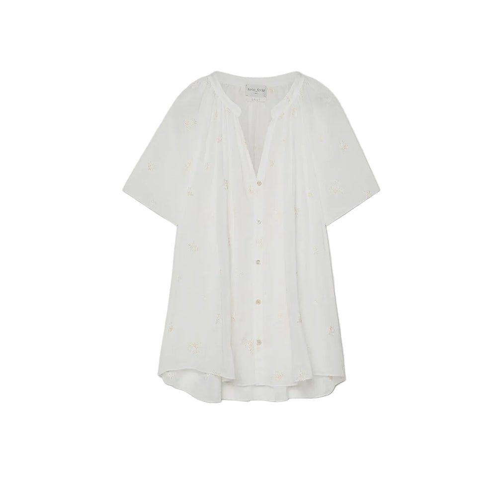 Petites Fleurs Embroidered Cotton Silk Voile Blouse in Ivory