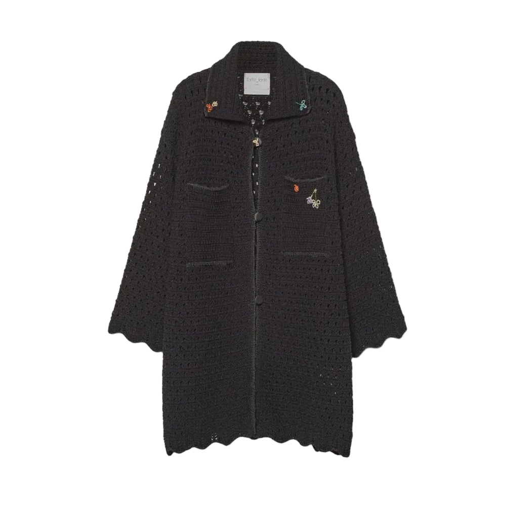 Embroidered Crochet-Knit Cardigan in Noir