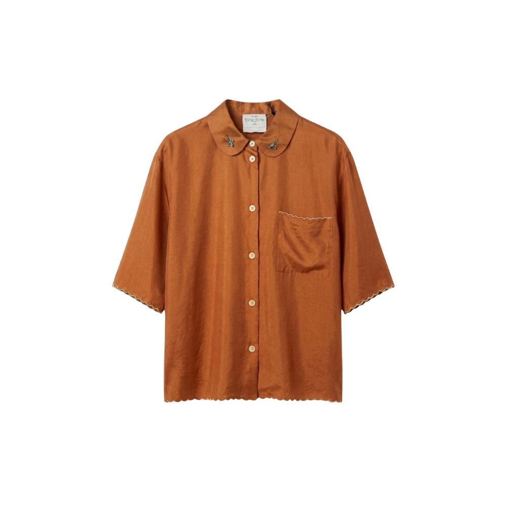 Embroidered Habotai Silk Half-Sleeve Shirt in Bronze