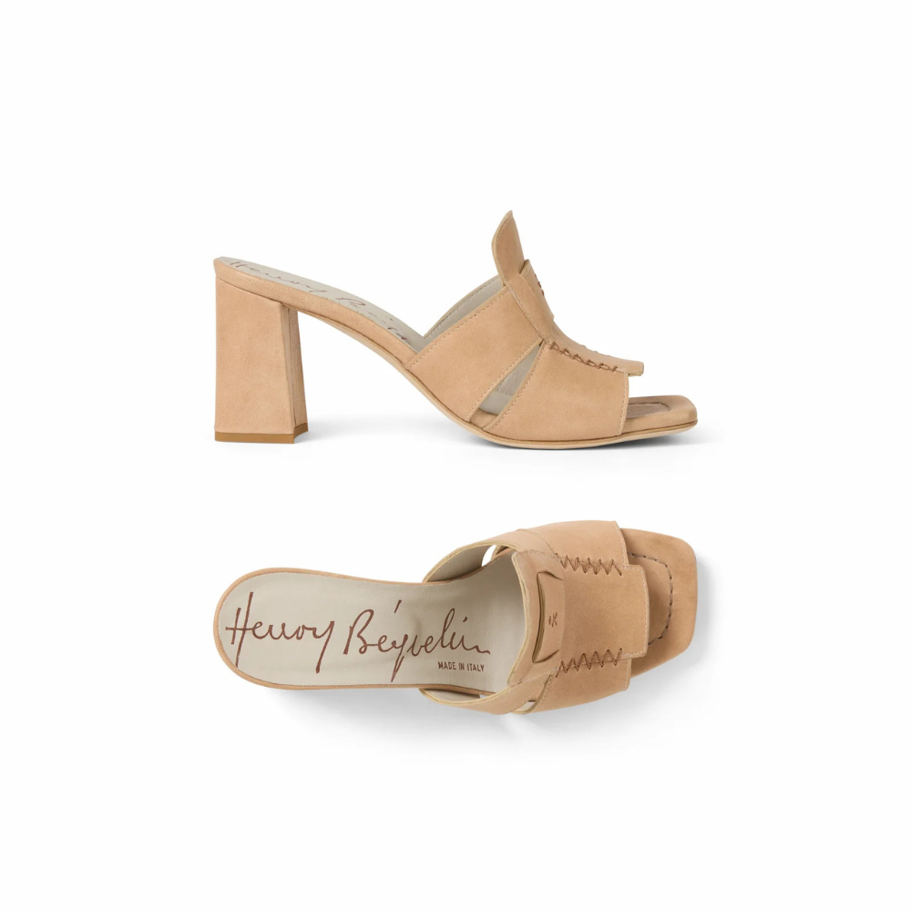 Opaco Leather Block Heel Mule Sandals in Camel
