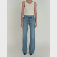 FRAME The Gray Jean in Rapture at Riada Concept. Low-rise rigid denim with a long wide-leg flare, button fly and 34-inch inseam - styled model video