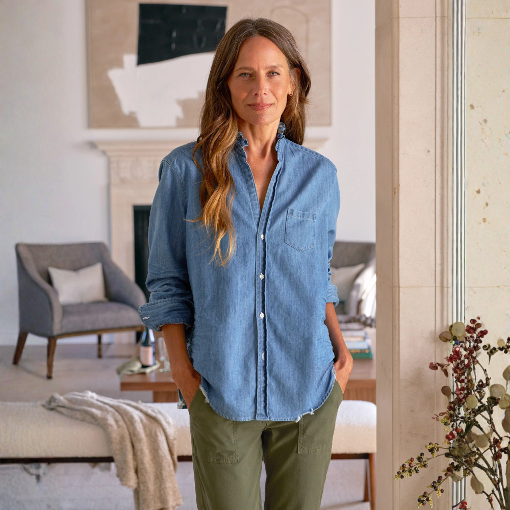 Frank & Eileen Ruffle Collar Button-Up Eileen Shirt in Vintage Stonewashed Indigo - international designer fashion boutique Australia Riada Concept Woollahra