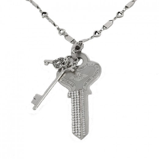 Lancelot Crystal Key Long Necklace in Silver