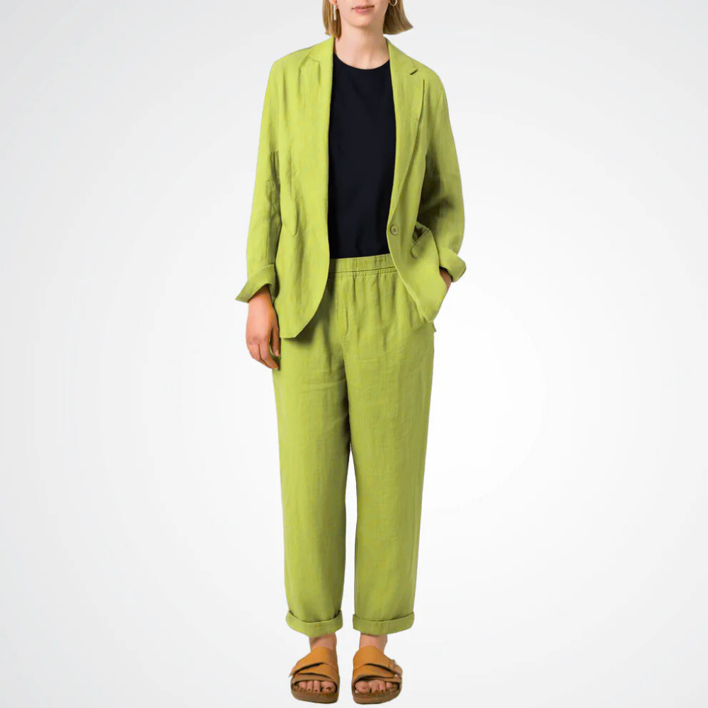 Transit Par Such Linen Slim Pant in Lime — Italian-made tapered linen trousers with high waist and side pockets, styled with black blazer and sandals Transit Par Such at Riada Concept Designer fashion shop online and in store High End fashion boutique Sydney Australia Riada Concept