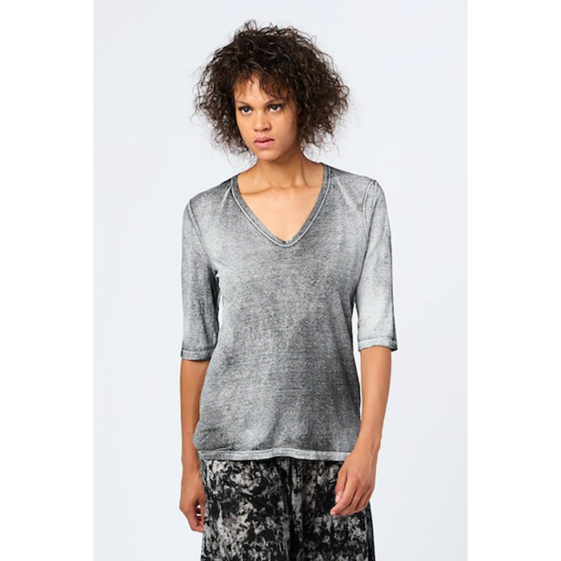 Linen V-Neck 3/4 Sleeve T-Shirt with Lamination in Nero