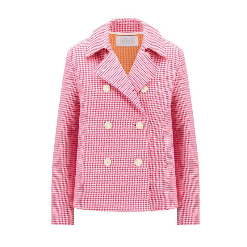 Cropped Trench Bicolour Houndstooth Coat in Fuchsia