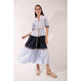 Tiered Cotton Popeline Dress in White/Blue