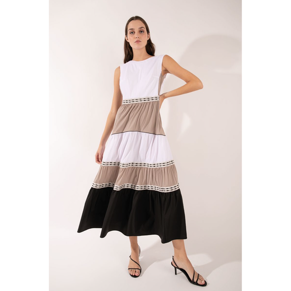 Tiered Cotton Popeline Dress in White/Beige/Black