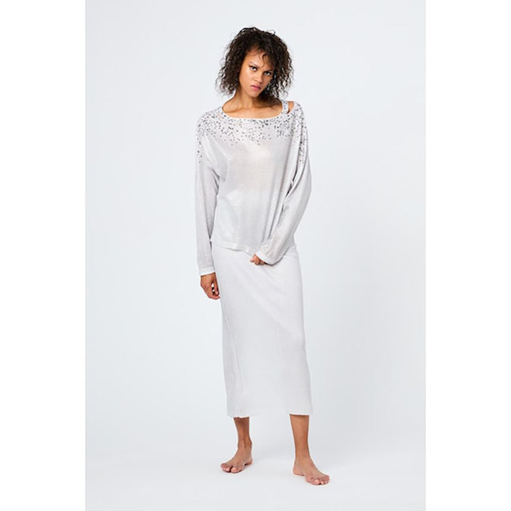 Linen Cotton Boat-neck Sweater with Lamination and Strass in Bianco