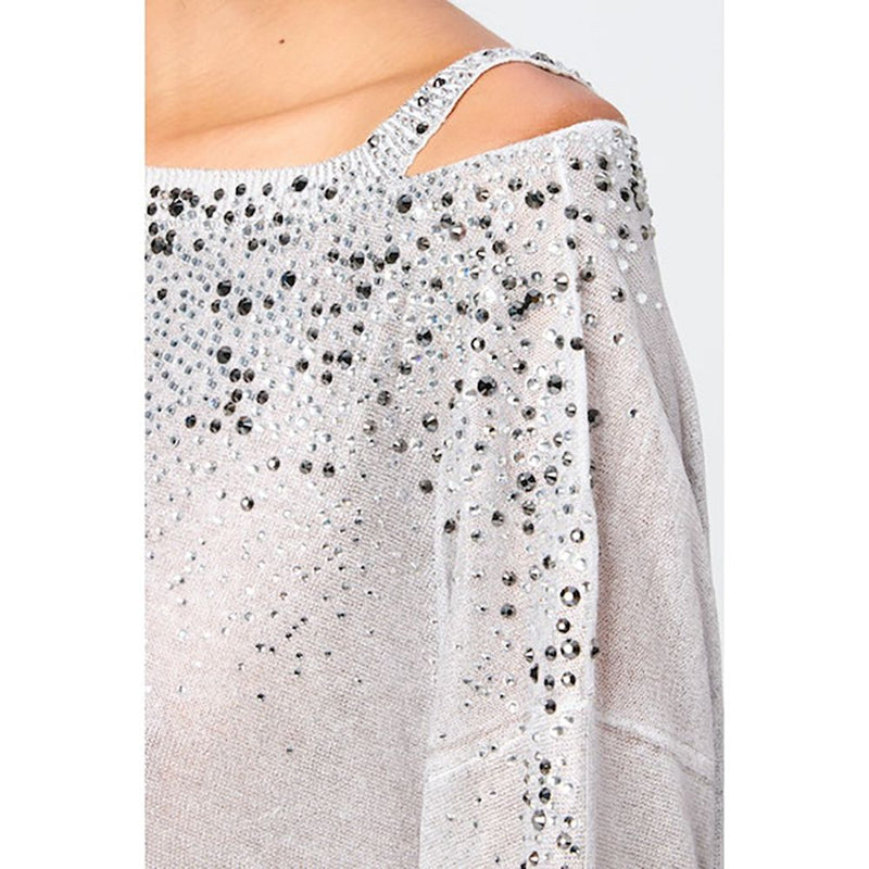 Linen Cotton Boat-neck Sweater with Lamination and Strass in Bianco