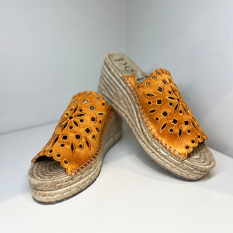 Onix Satin Embroidered Espadrille Wedge Sandal in Sunset Orange
