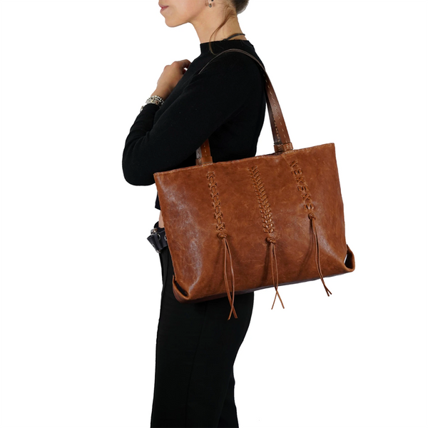 Irina Ricamo Nodo Leather Tote Bag in Brandy