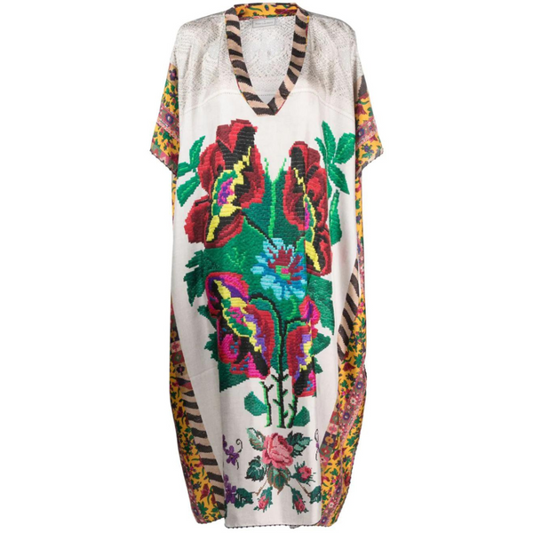 Silk Printed Kaftan Dress in Beige/Multicolour