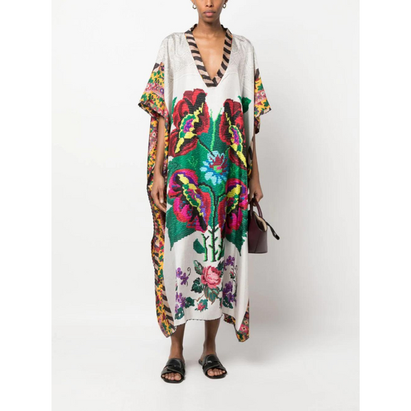 Silk Printed Kaftan Dress in Beige/Multicolour