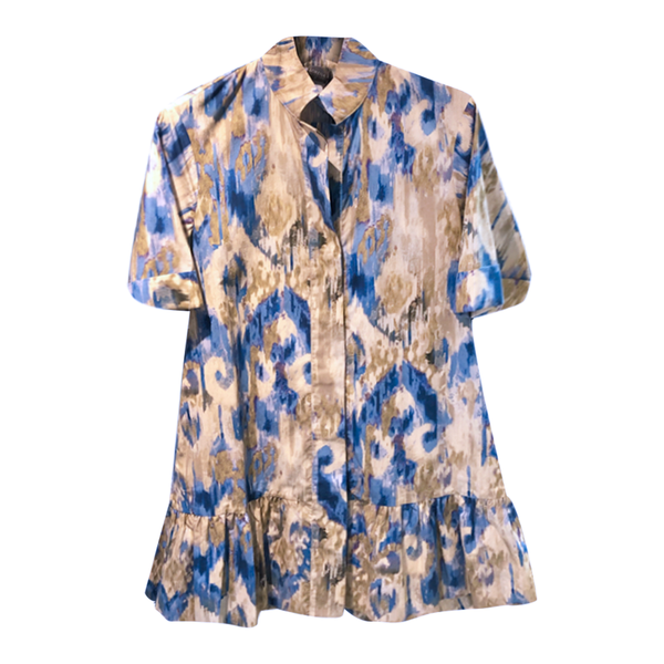 Short Sleeve Print Dress in Beige/Sky Blue