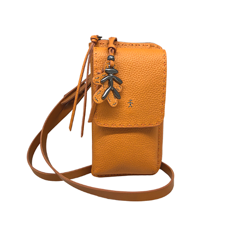 Calfskin Leather Micro Crossbody Phone Bag in Arancio