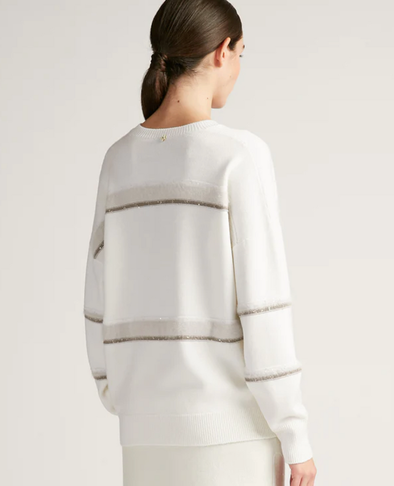 V Neck Merino Wool Sweater in White Stripe