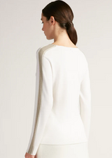 V Neck Wool & Silk Sweater in Beige/White