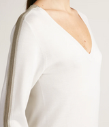 V Neck Wool & Silk Sweater in Beige/White