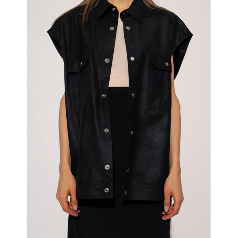 Pelle Oversized Sleeveless Leather Over-Shirt in Black